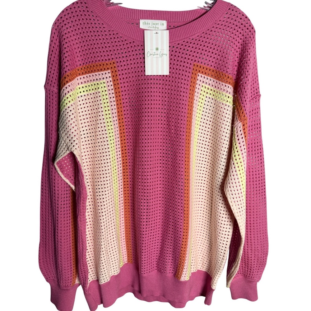 This Just In Azalea Open Knit Pullover Womens Small Pink Cotton Blend Geometric